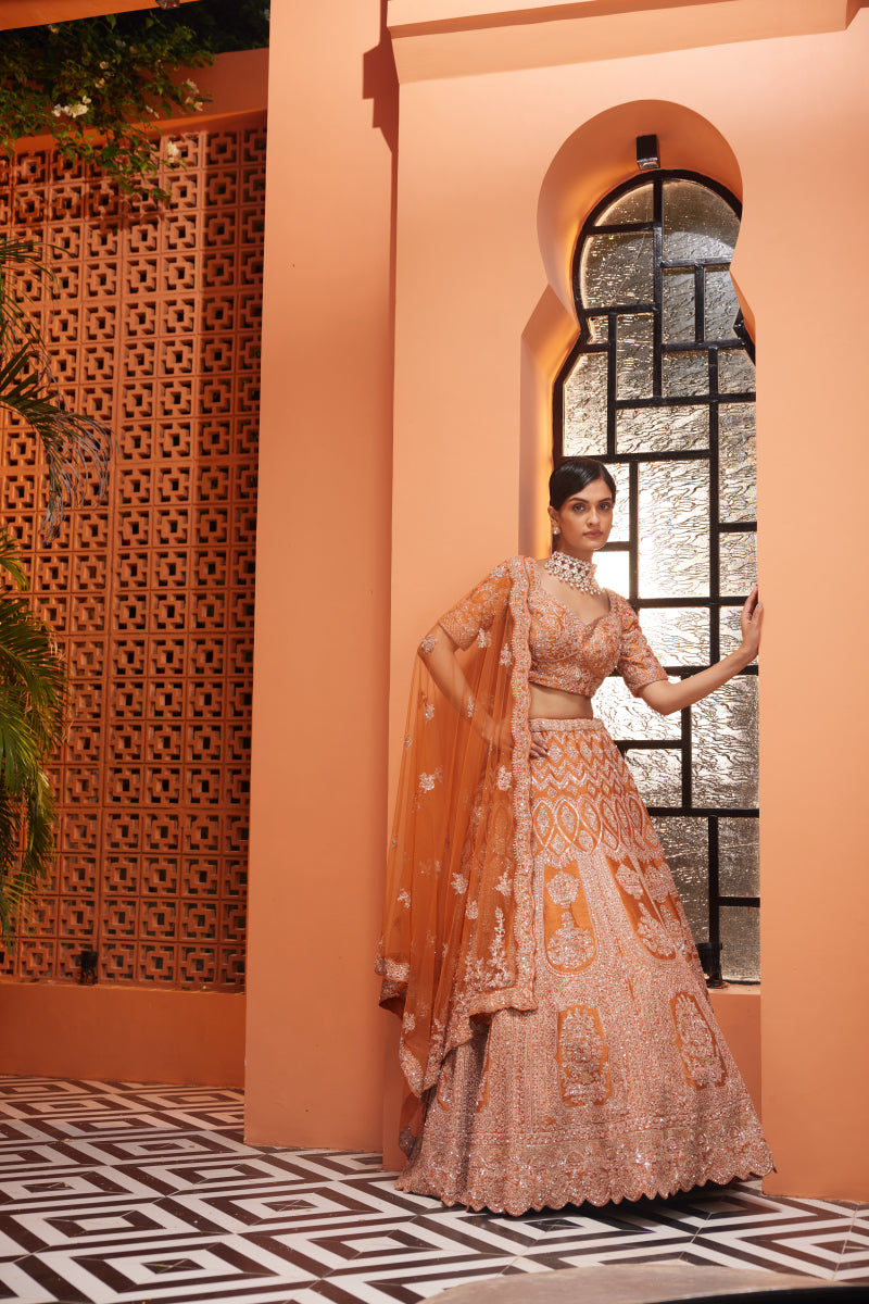 Rust Raw Silk Embroidered Lehenga