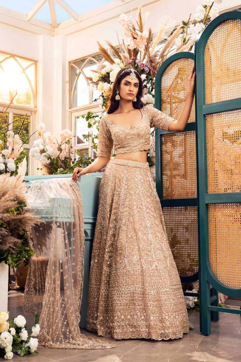 Gold Organza Hand Embroidered Lehenga