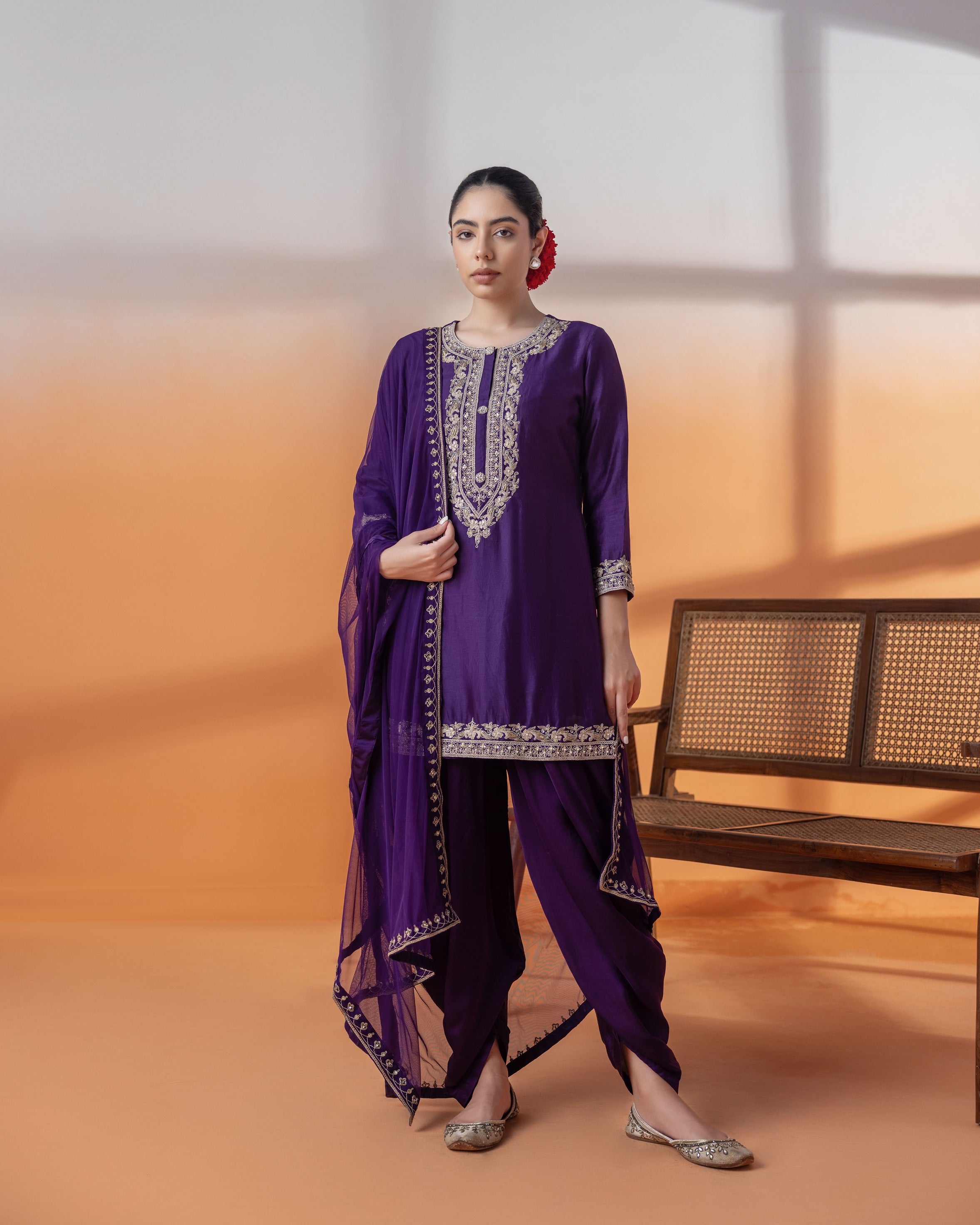 Purple Crepe Dapka Dhoti Set