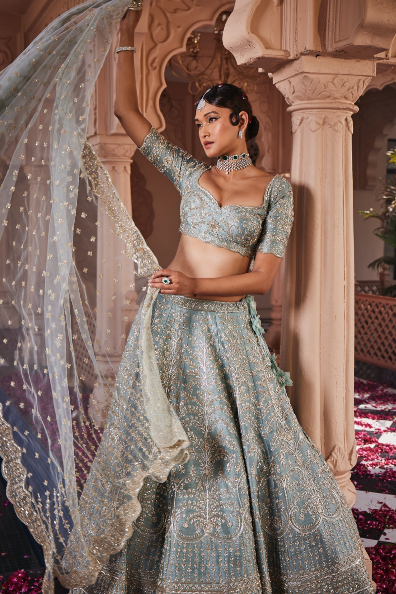 Dusty Firoza Heavily Hand Embroidered Lehenga