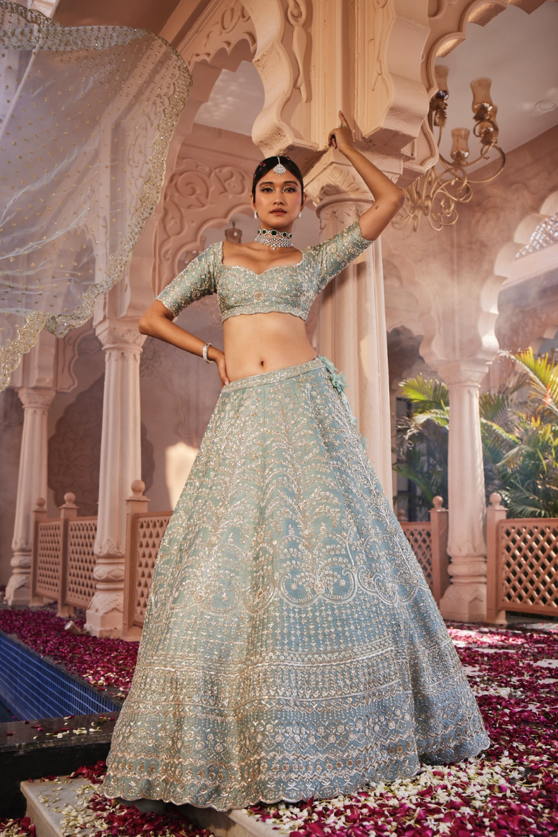 Dusty Firoza Heavily Hand Embroidered Lehenga