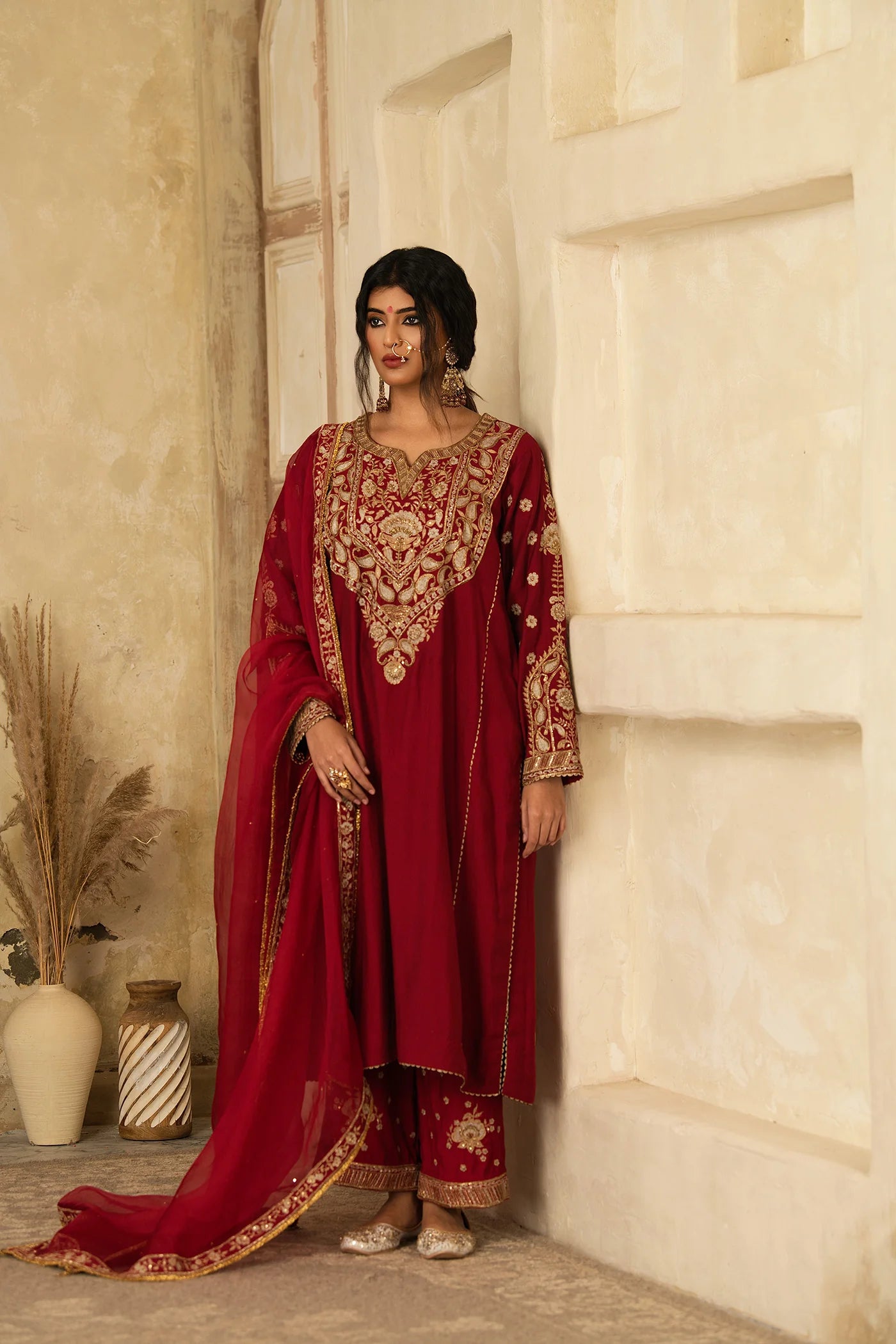 RED MUGHAL AMBI JAAL SUIT SET