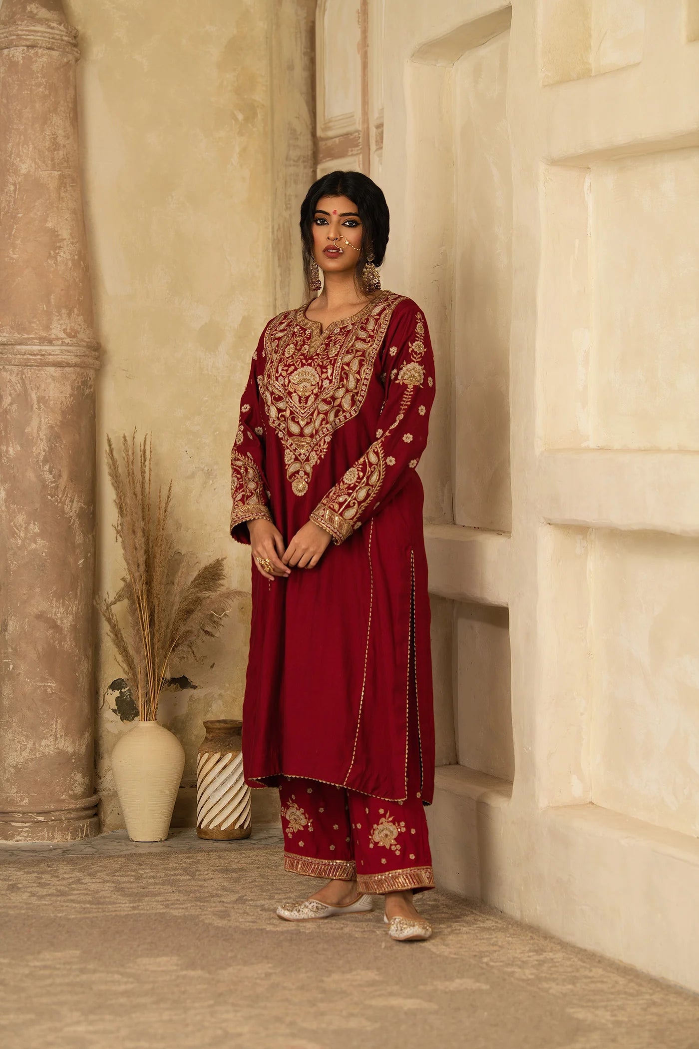 RED MUGHAL AMBI JAAL SUIT SET