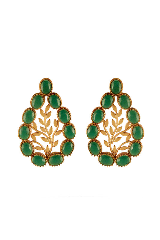 Gold Drop Foliage Earrings With Green Crystals