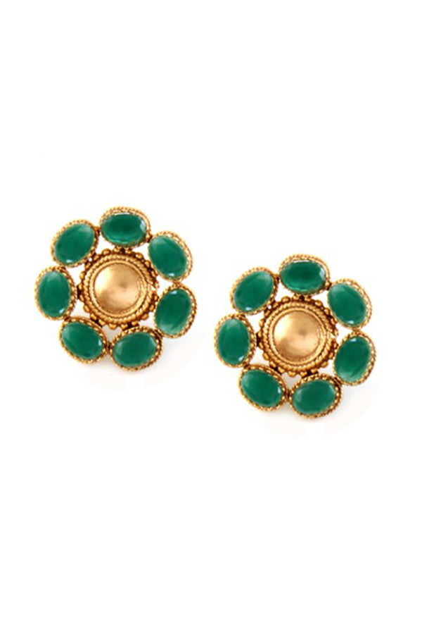 Gold Toned Circle Stud Earrings With Green Crystals
