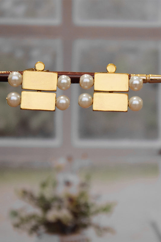 Gold Toned Brick And Pearl Stacked Duo Stud Earrings