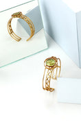Load image into Gallery viewer, Gold Toned Triple Lined Dotted Cuff With Chartreuse Acrylic Circle
