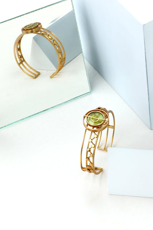Gold Toned Triple Lined Dotted Cuff With Chartreuse Acrylic Circle