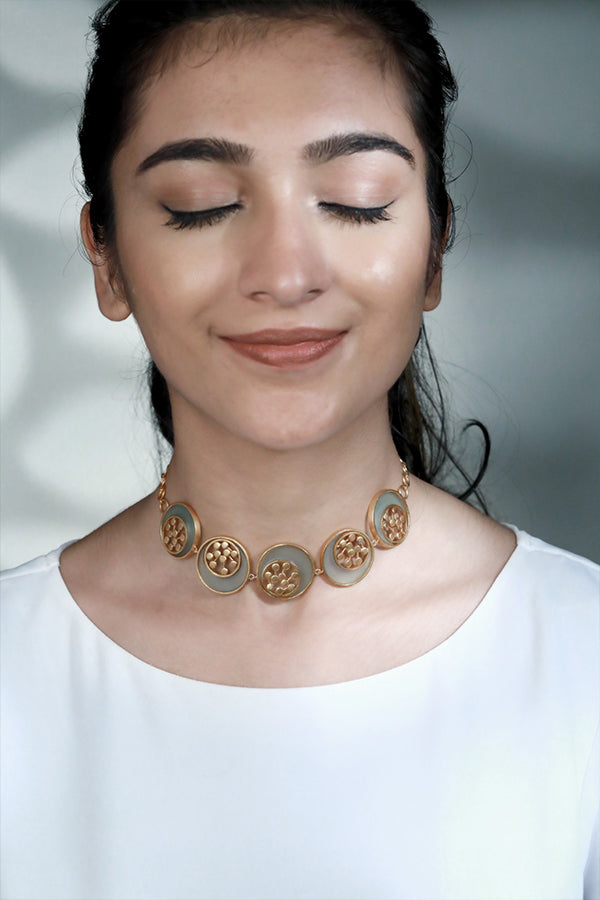 Gold Toned Cyan Acrylic Tangent Choker With Inlaid Dotted Circles