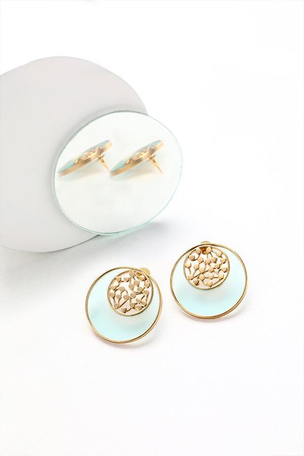 Gold Toned Cyan Acrylic Tangent Studs With Inlaid Dotted Circles