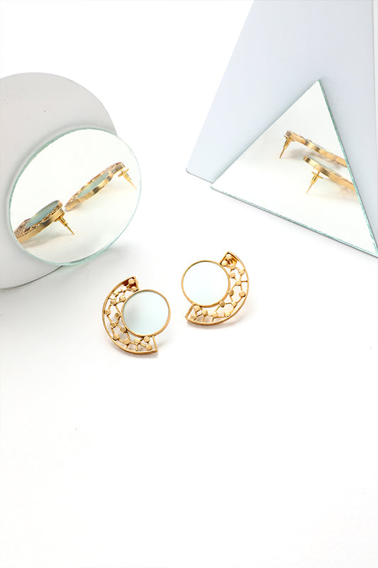 Gold Toned Circular Cyan Acrylic Studs With Dotted Arc