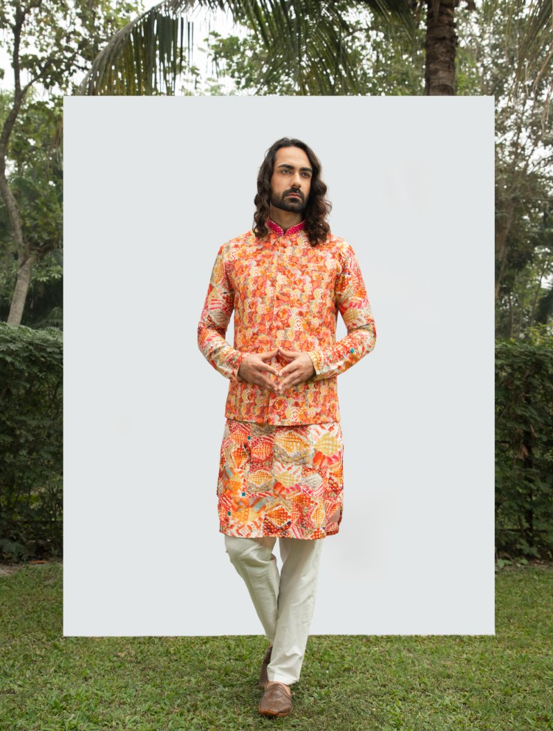 Diamond Printed Mirror Kurta Set With Printed Mirror Bundi