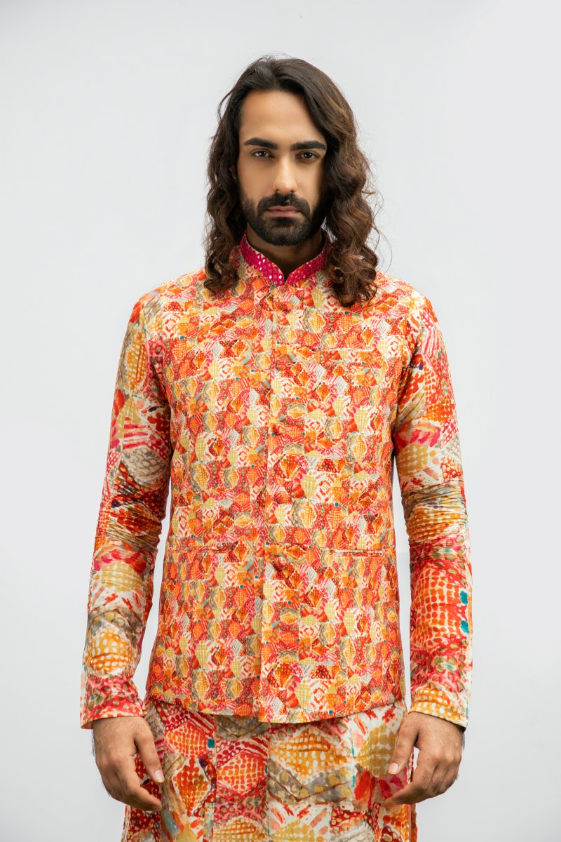 Diamond Printed Mirror Kurta Set With Printed Mirror Bundi
