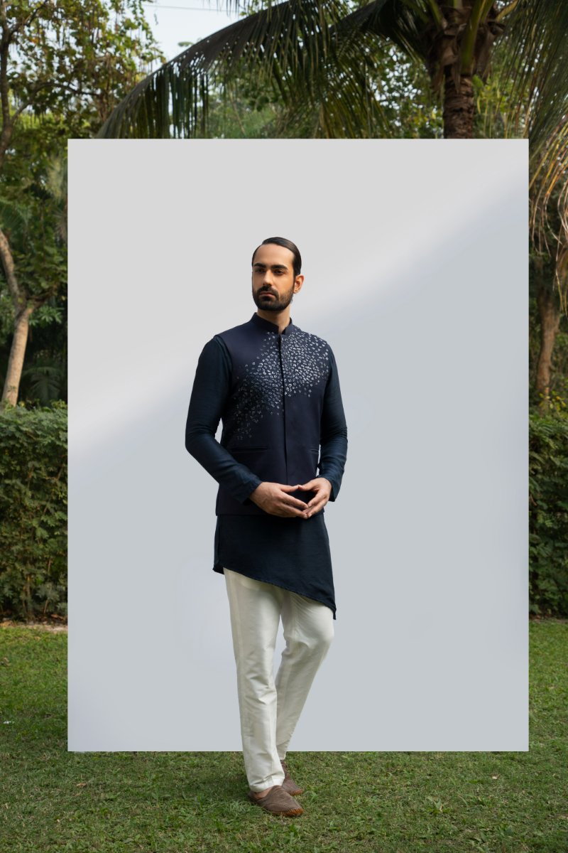 Navy Blue Embellished Bundi
