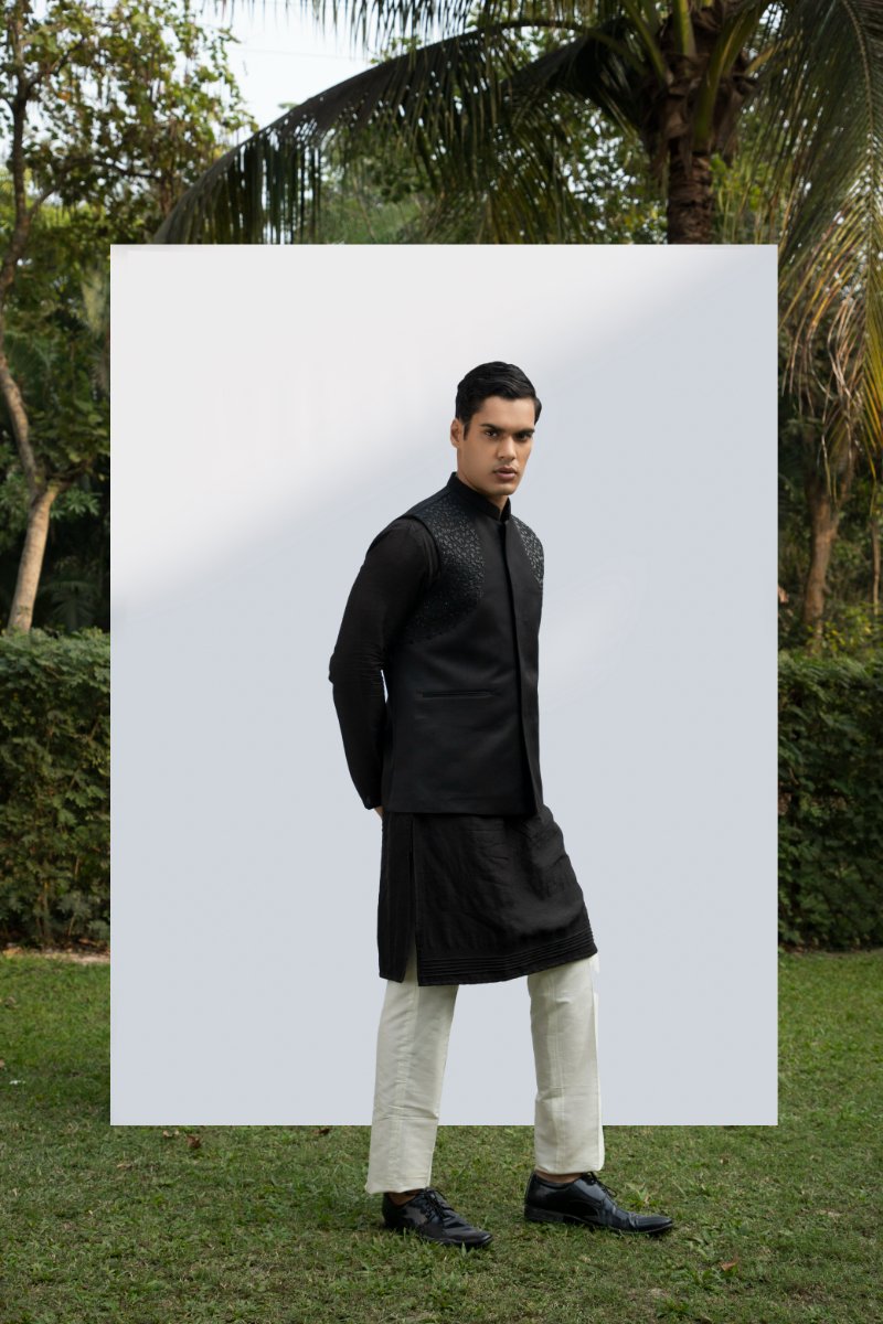 Black Pintuck Kurta Set With Black Embellished Bundi