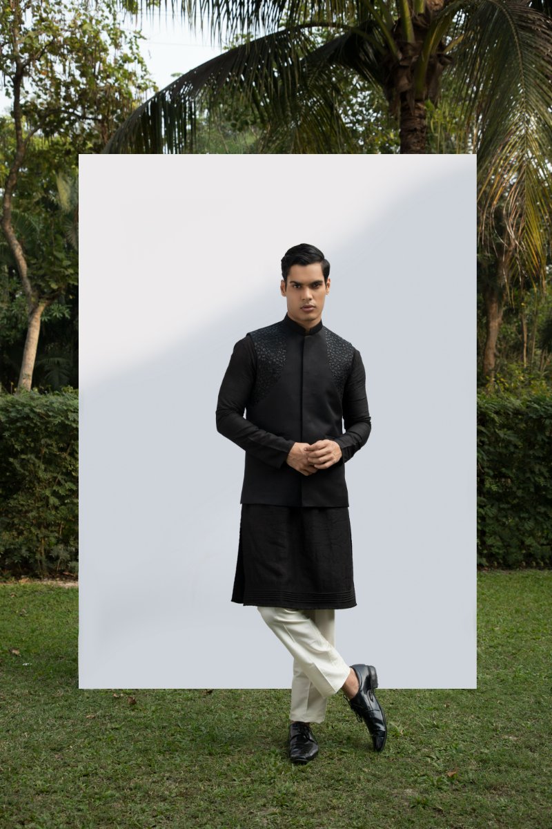 Black Pintuck Kurta Set With Black Embellished Bundi