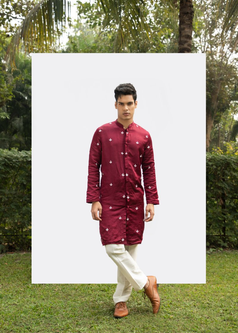 Maroon Front-Open Motif Kurta Set