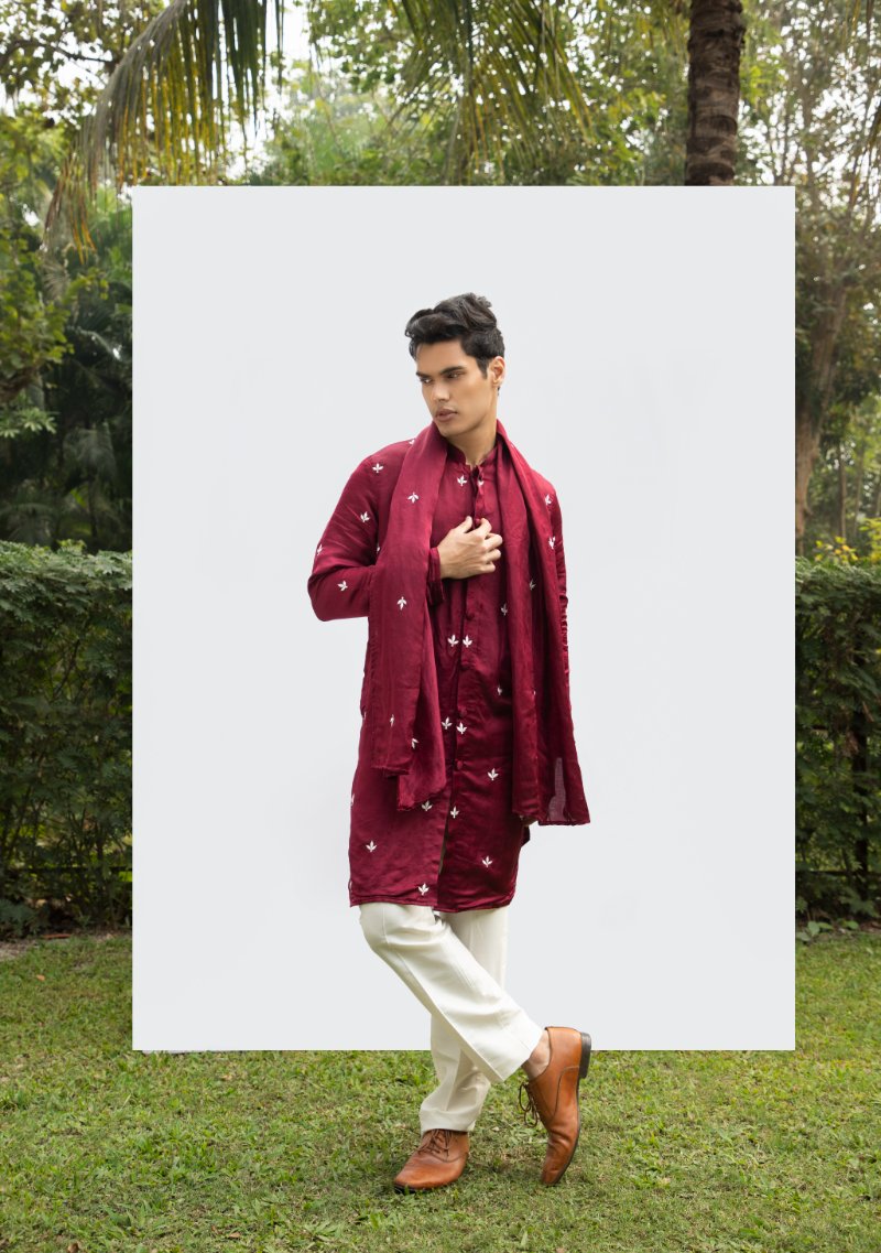 Maroon Front-Open Motif Kurta Set With Dupatta