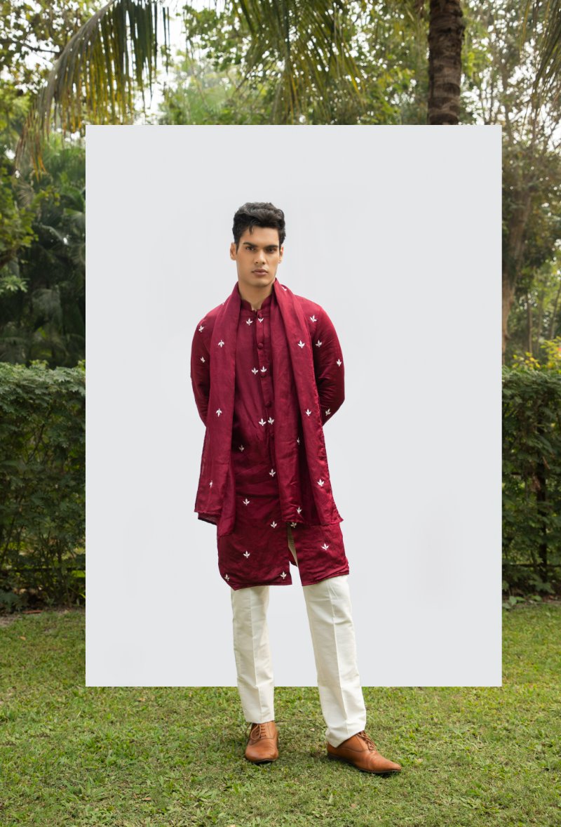 Maroon Front-Open Motif Kurta Set With Dupatta