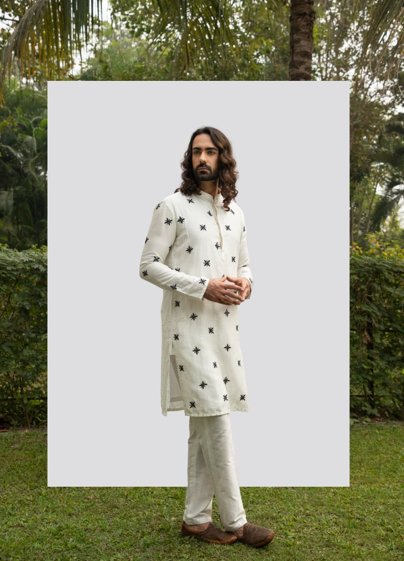 Ivory Kurta With Black Motif Kurta Set