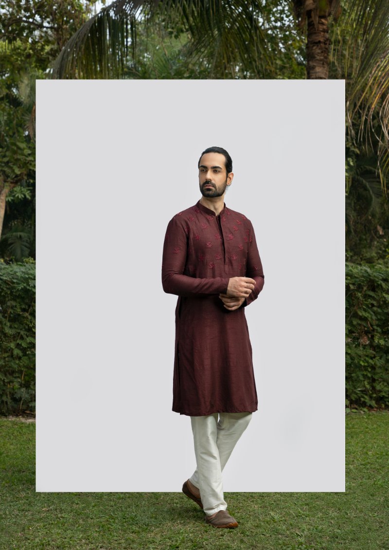 Wine Embellished Kurta Set