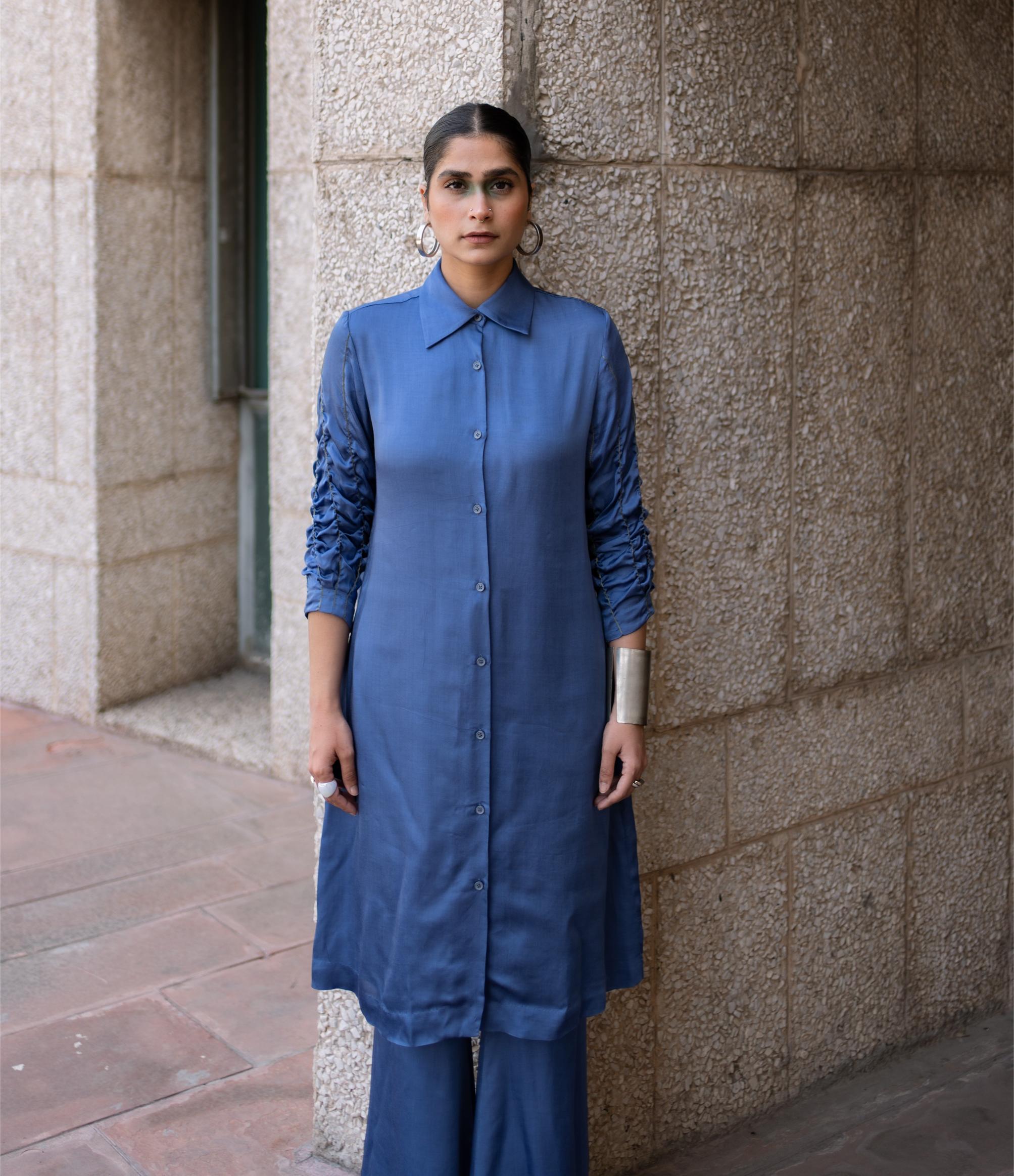 Savoury scrunched sleeve shirt dress